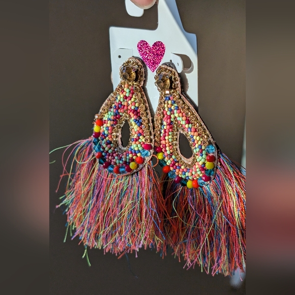 Exotic Multi Color Rhinestone Fringe Earrings - Picture 2 of 6